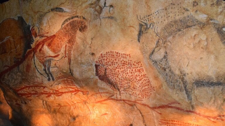 A replica of a panel of Ice Age cave art from the cave of Marsoulas.