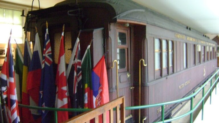An exterior view of a carriage almost identical to the carriage used to sign the Armistice at the end of World War One.