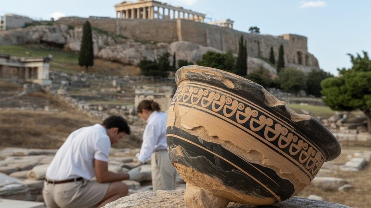 Archaeologists are excavating on the slopes of the Acropolis, with a recently discovered Mycenaean ceramic vessel on a rock next to them.
