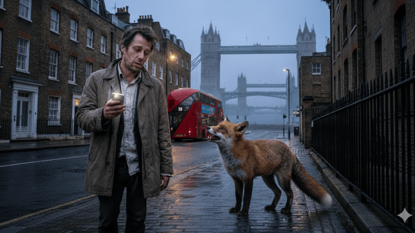 An Ai generated image showing a dishevelled man walking along a street in London talking to a fox. A red London bus is behind him as well as multiple Tower Bridges.
