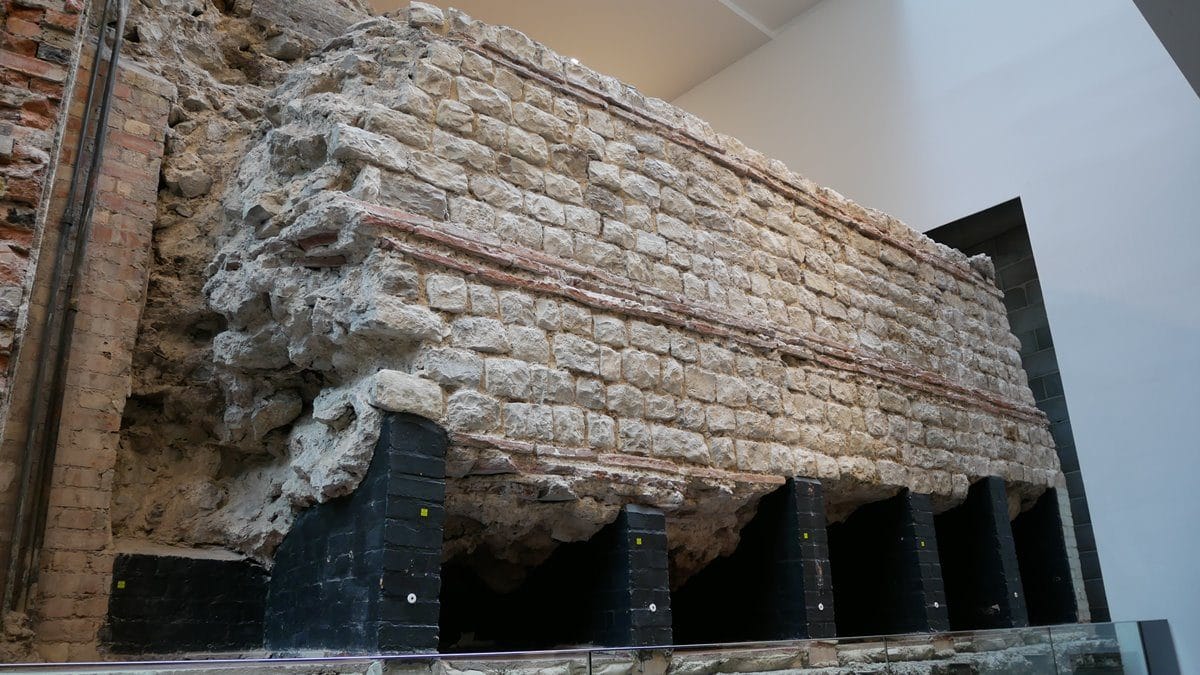 A ten metre wide by three metre high section of typical Roman wall in London.
