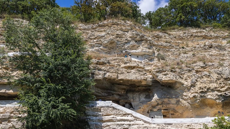 Cliff of Aladzha Orthodox cave monastery in Golden Sands Nature Park, Bulgaria.